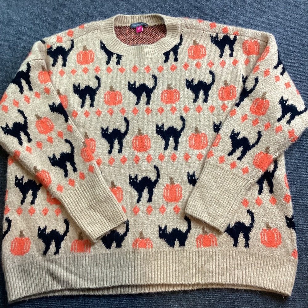 Vince Camuto Womens Halloween Black Cat Pumpkin Sweater Tan Large SV7755201 189 - Picture 2 of 9